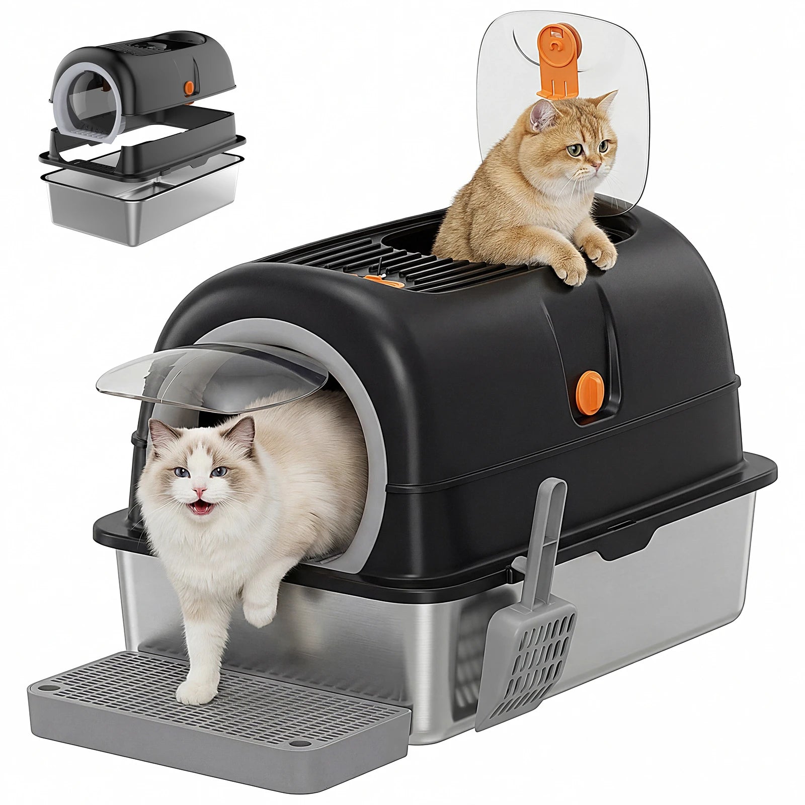 Enclosed Litter Box Scoop with Mat - Cat - (Stainless Steel) - (3-in-1) - (Grey, Black)