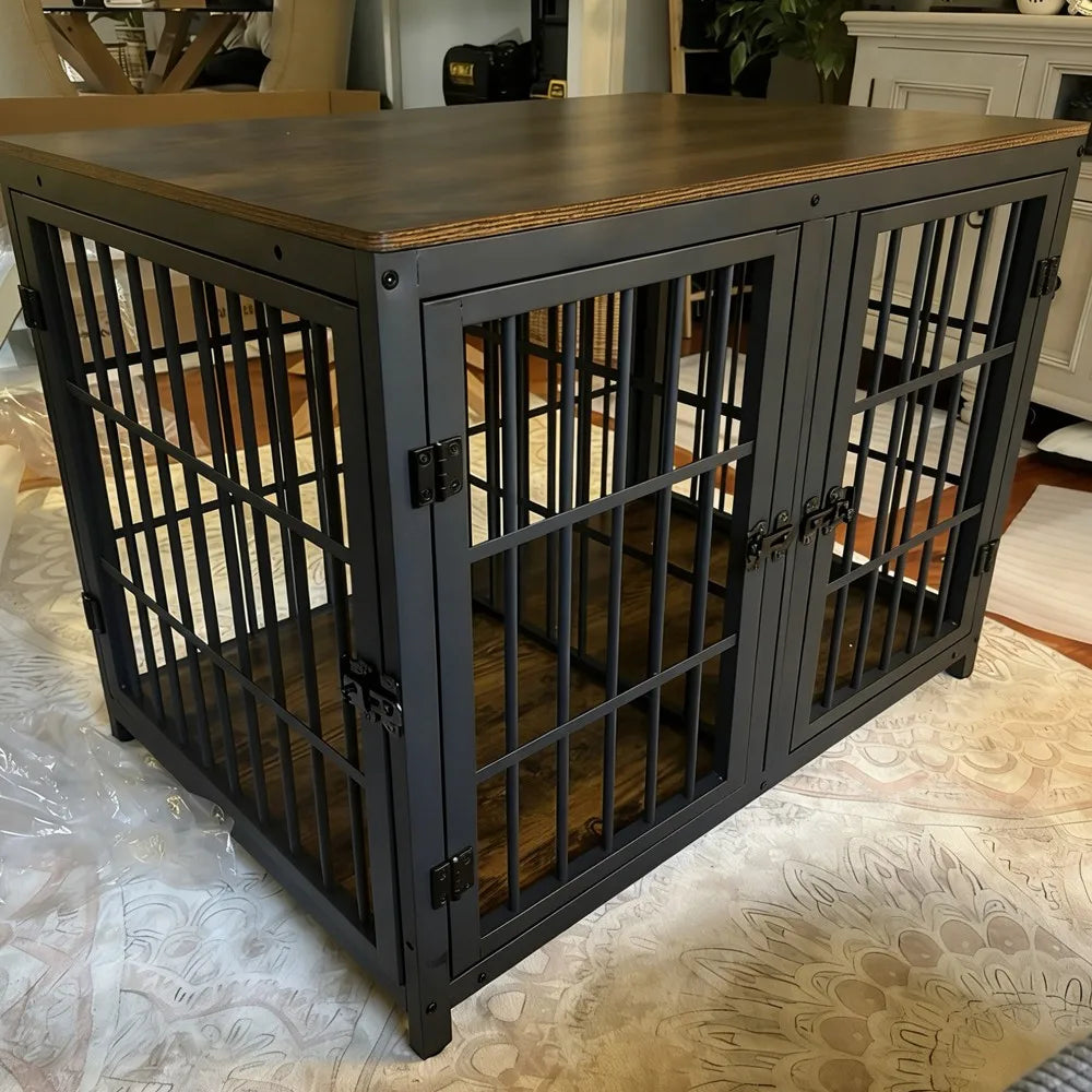 Spacious Furniture Crate Enclosure with Removable Divider - 2 Dogs  - (Black) - (Metal + Wood) - (While Supplies Last)