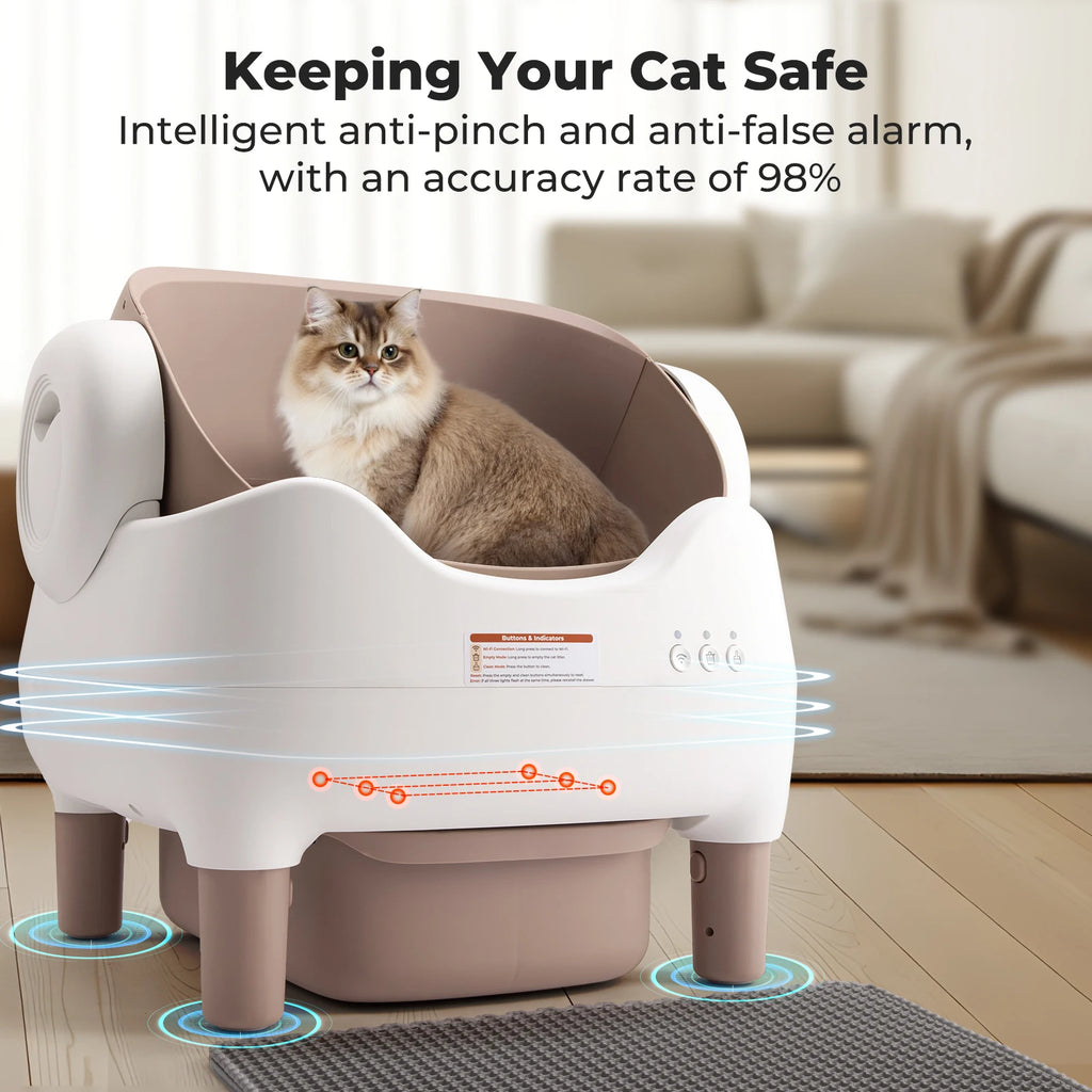 Automatic Self-Cleaning Robot Litter Box with App Control - Cat - (Open Top) - (10 L Bin) - (White & Khaki)
