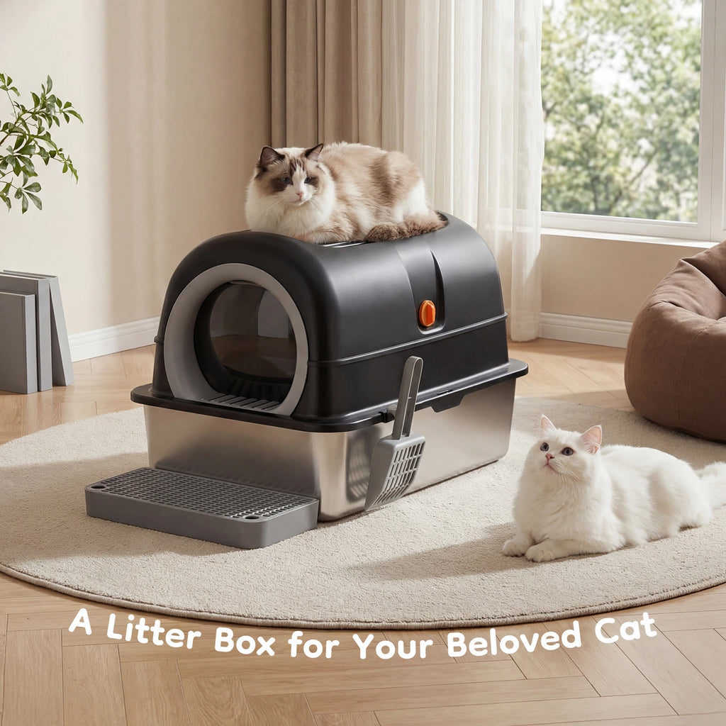 Enclosed Litter Box Scoop with Mat - Cat - (Stainless Steel) - (3-in-1) - (Grey, Black)