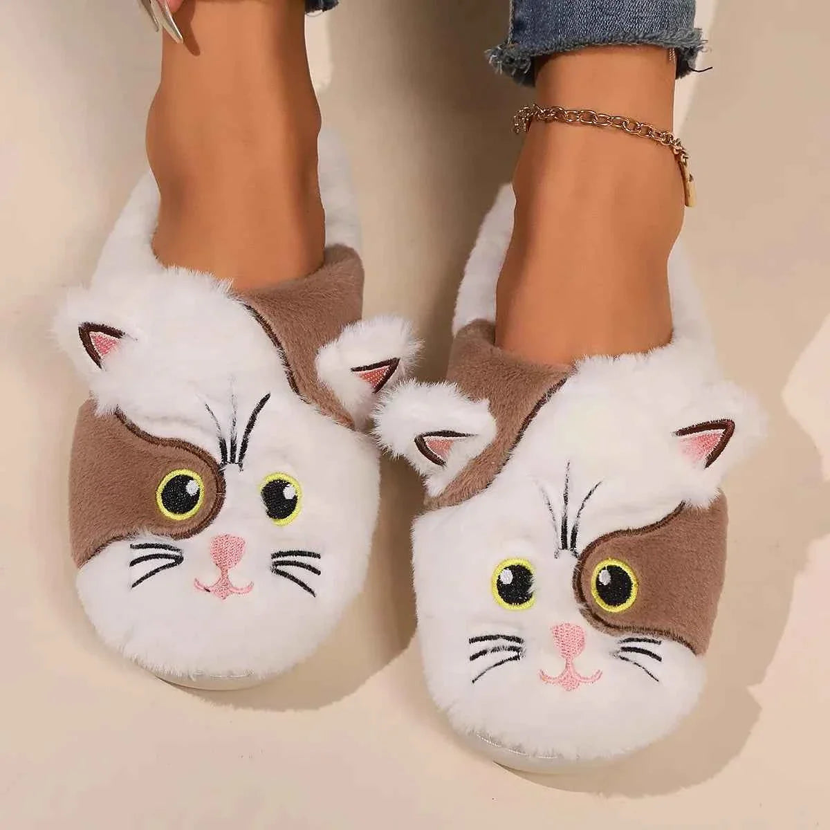 Waterproof Autumn Cat Slippers - (Khaki & White, Black & White) - (5 Shoe Sizes) - Ladies