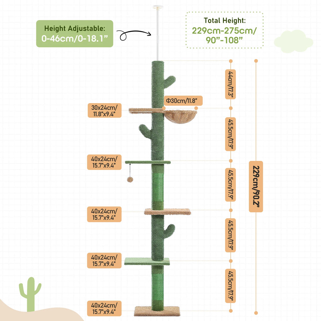 5-Tier Floor to Ceiling Cat Cactus Tree, Perches, Hammock