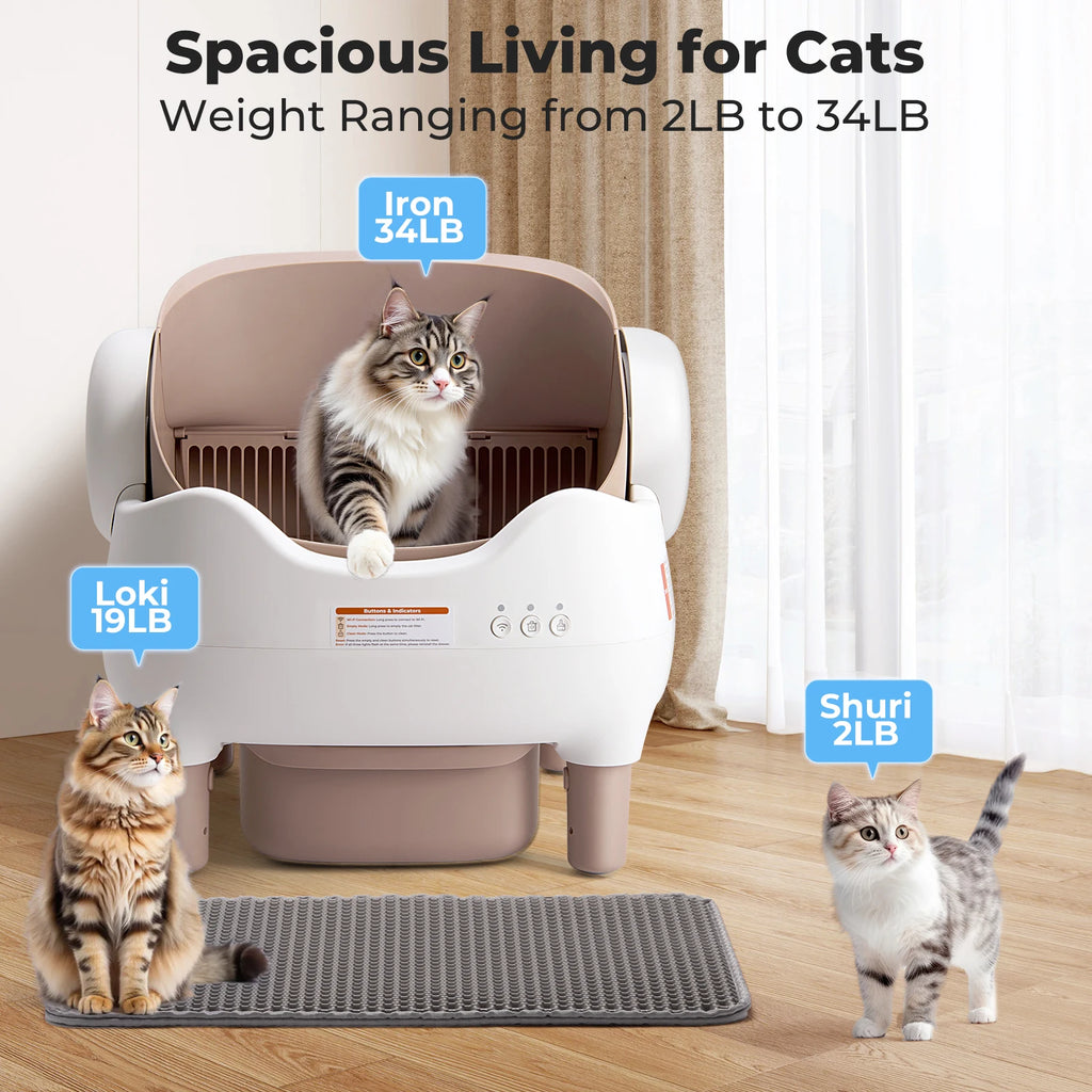 Automatic Self-Cleaning Robot Litter Box with App Control - Cat - (Open Top) - (10 L Bin) - (White & Khaki)