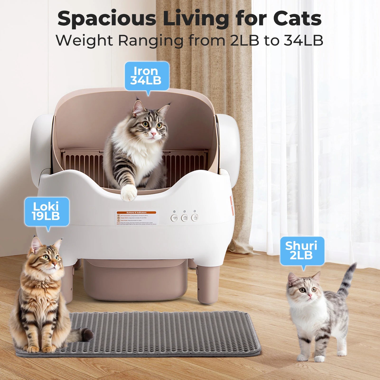 Automatic Self-Cleaning Robot Litter Box with App Control - Cat - (Open Top) - (10 L Bin) - (White & Khaki)