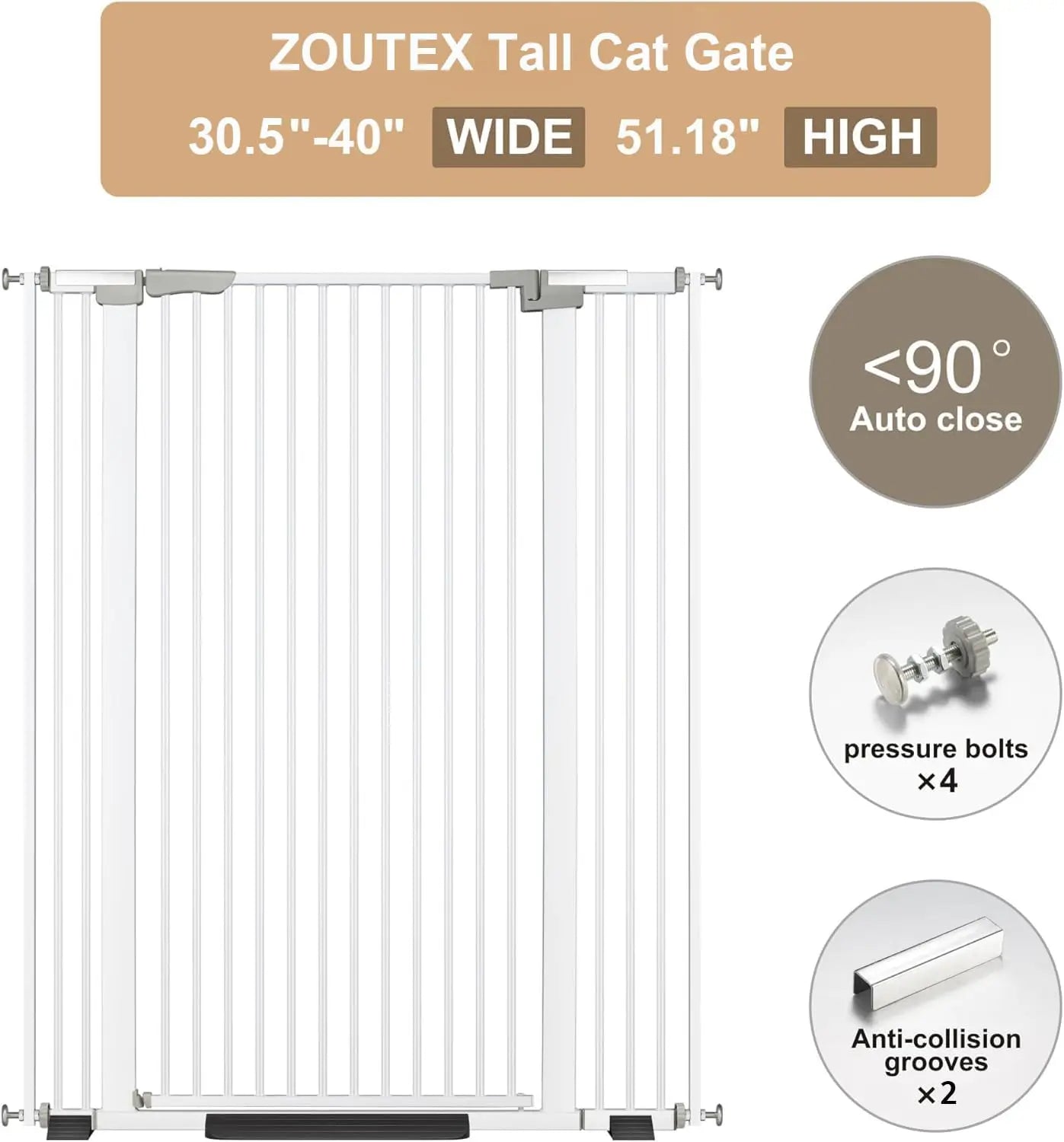 Adjustable Width Auto Close Pet Gate - Cat - (White) - (Plastic) - (51.18" Tall)