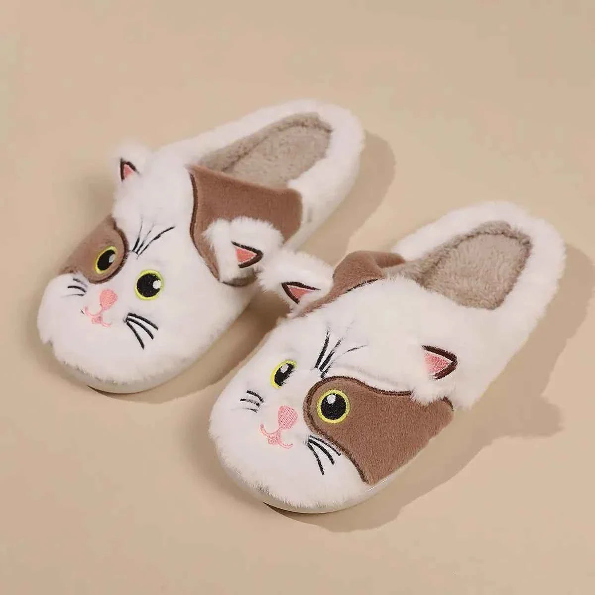 Waterproof Autumn Cat Slippers - (Khaki & White, Black & White) - (5 Shoe Sizes) - Ladies