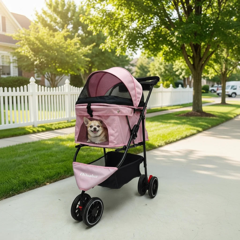 Portable Travel Pet Stroller - Dog Cat - (5 Color Options) - (M) - (Lightweight) - (Mesh Window Ventilation)