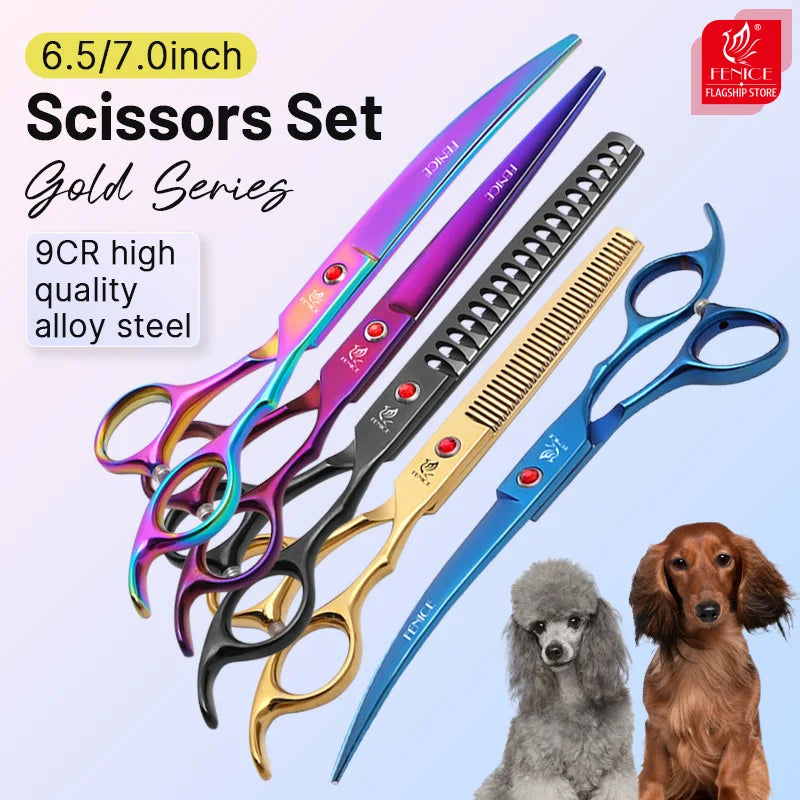 Quality Grooming Scissor Set - Dog Cat - (Alloy Steel) - (6.5 / 7.0") - (Rainbow, Black)