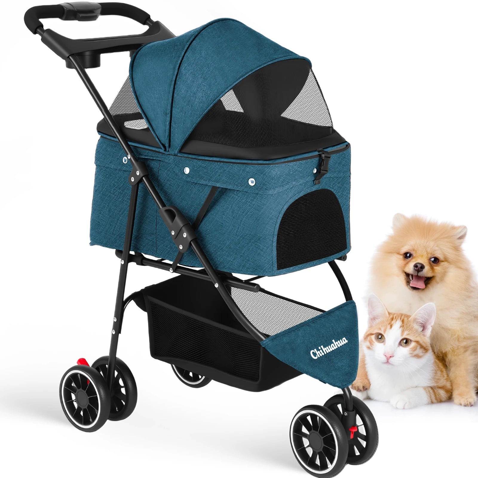 Portable Travel Pet Stroller - Dog Cat - (5 Color Options) - (M) - (Lightweight) - (Mesh Window Ventilation)