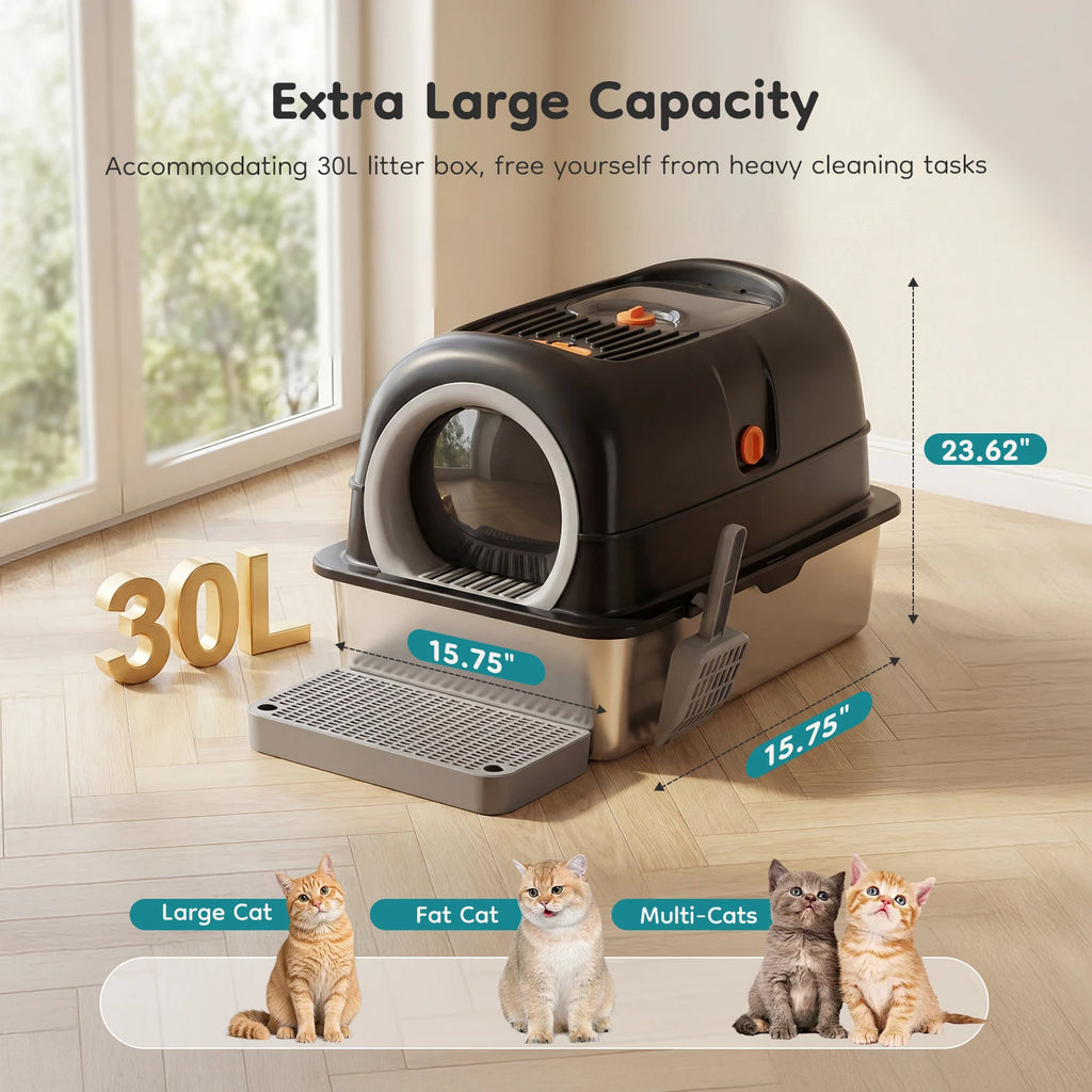 Enclosed Litter Box Scoop with Mat - Cat - (Stainless Steel) - (3-in-1) - (Grey, Black)