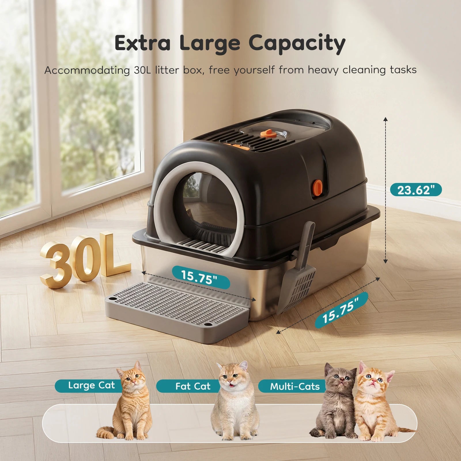 Enclosed Litter Box Scoop with Mat - Cat - (Stainless Steel) - (3-in-1) - (Grey, Black)