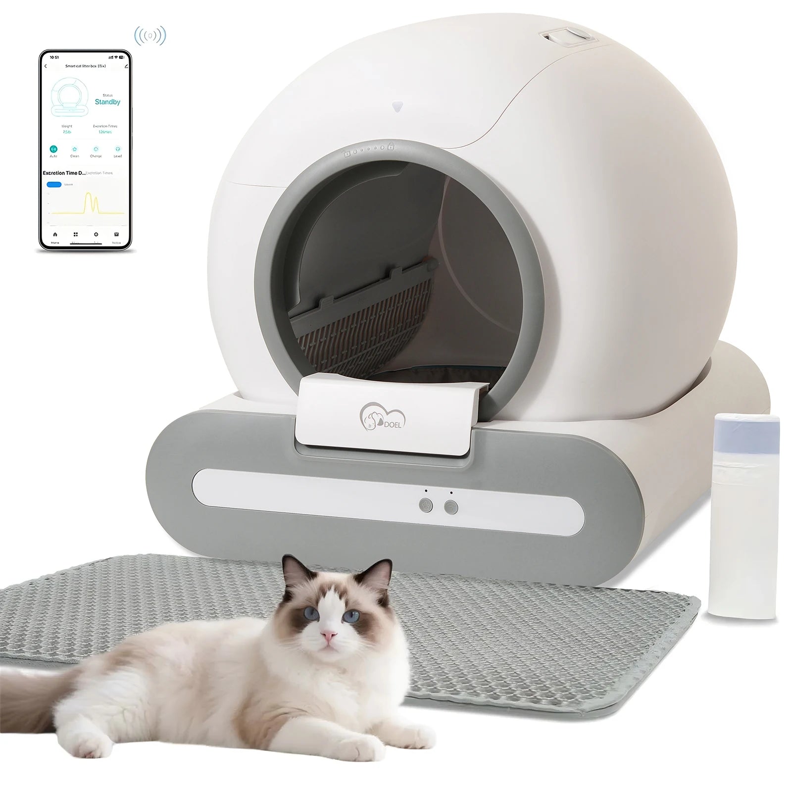 Self-Cleaning Litter Box - Cat    -App Control - Included Litter Mat & Litter Waste Bags - (White)