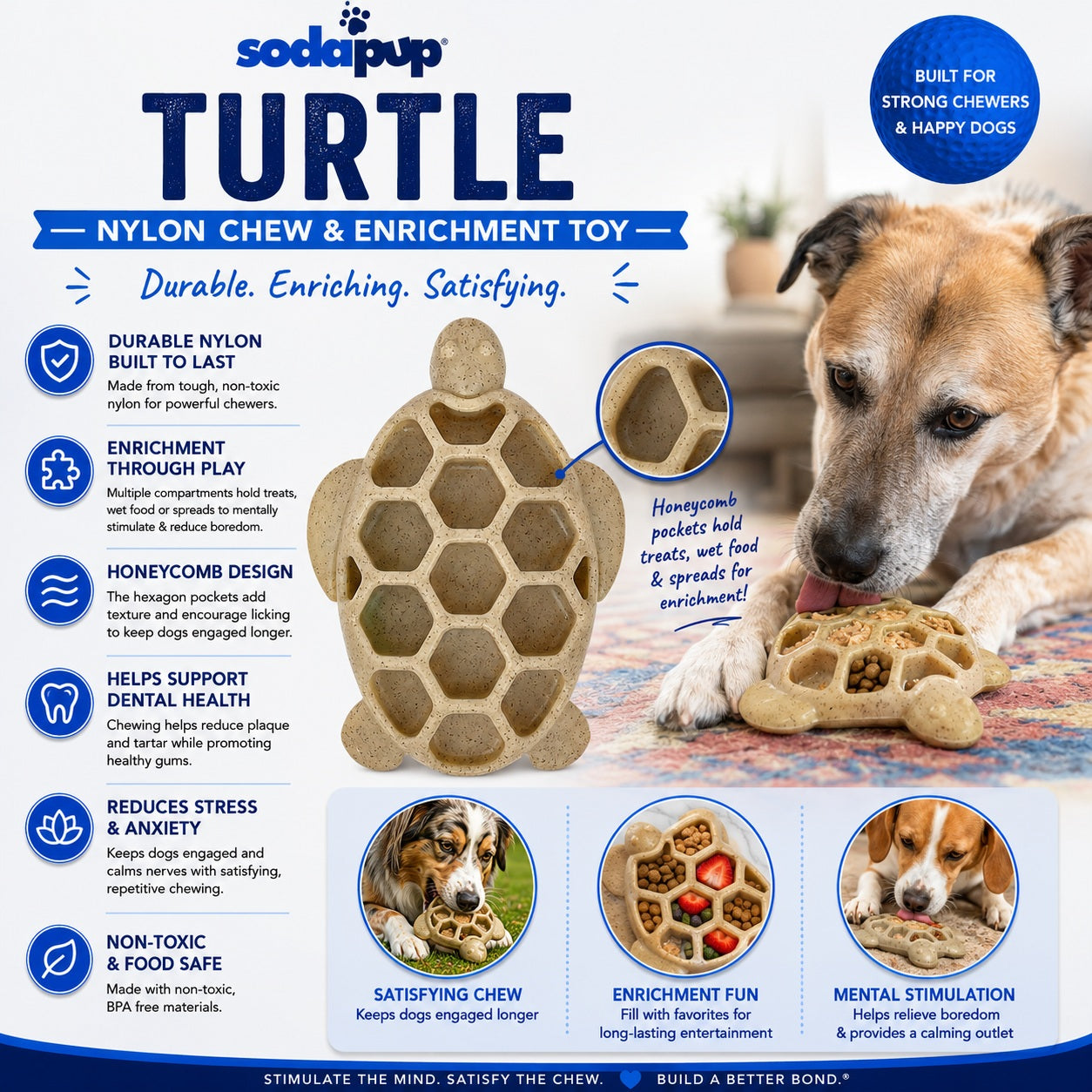 Turtle Nylon Chew Toy - Dog  - (Enrichment) - (Power Chewer) - (Brown) - (SodaPup)