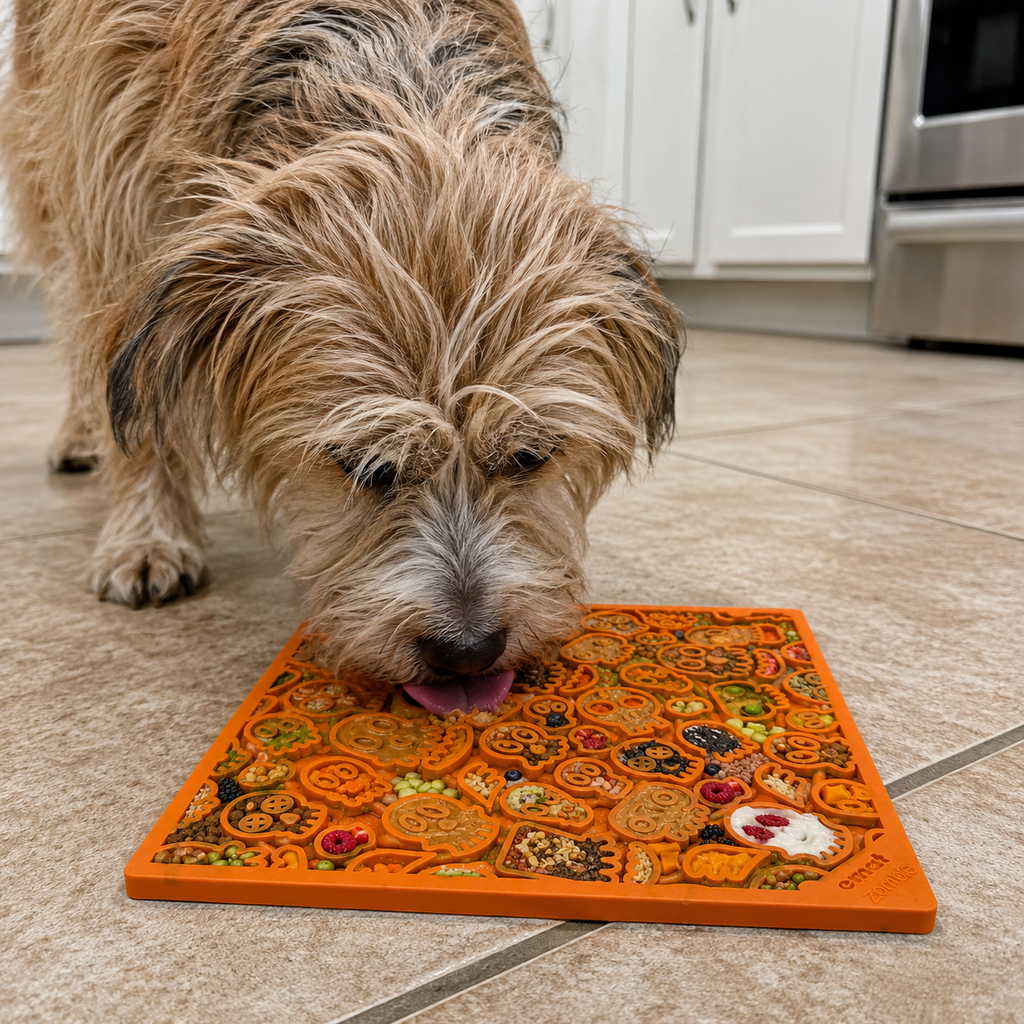 Anxious Dog: Try this Relief Enrichment Halloween Lick Mat (Orange or Black)