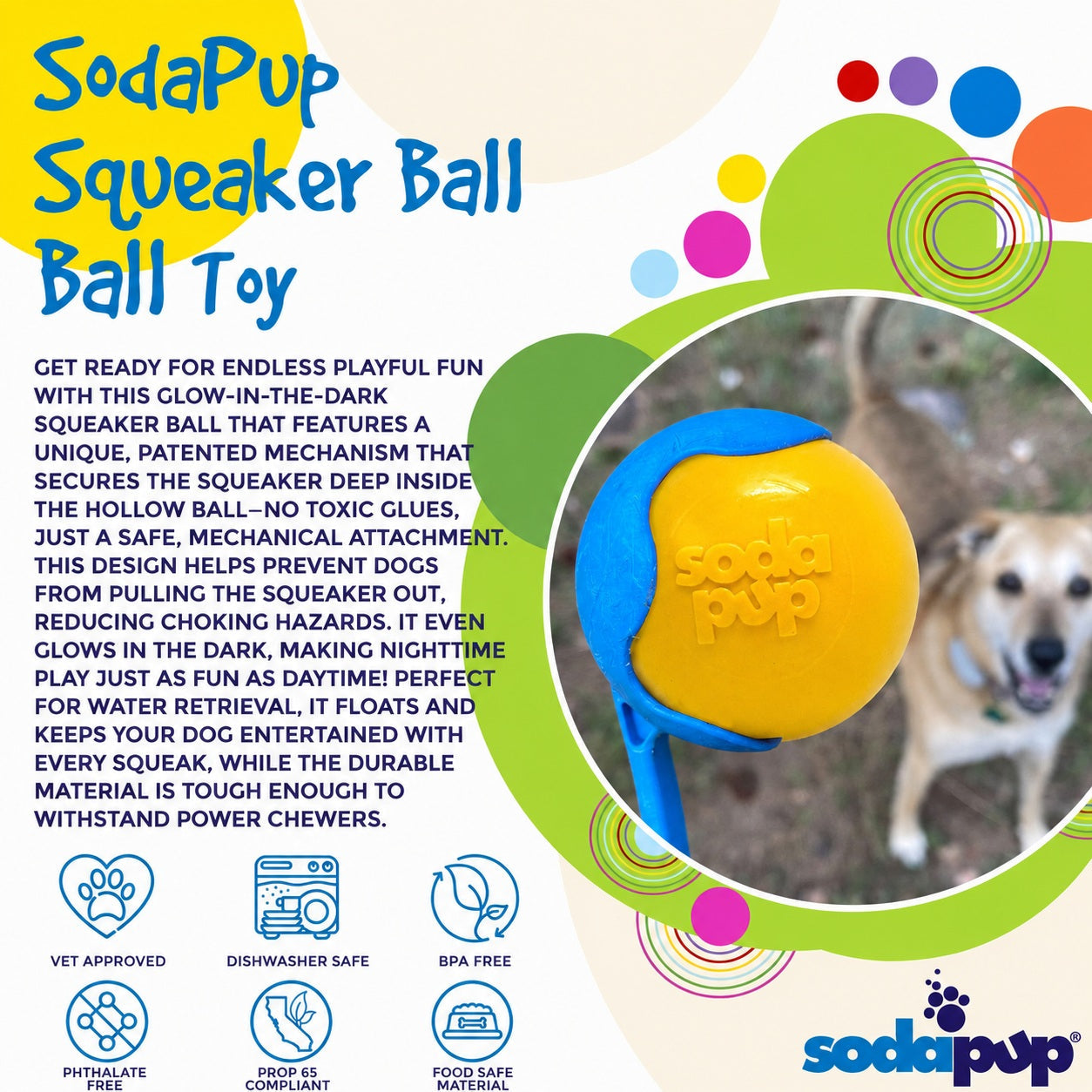 Squeak Ball Chew Toy - Dog  - (Floats) - (M,L) - (Rubber) - (5 Color Options) -  (SodaPup)