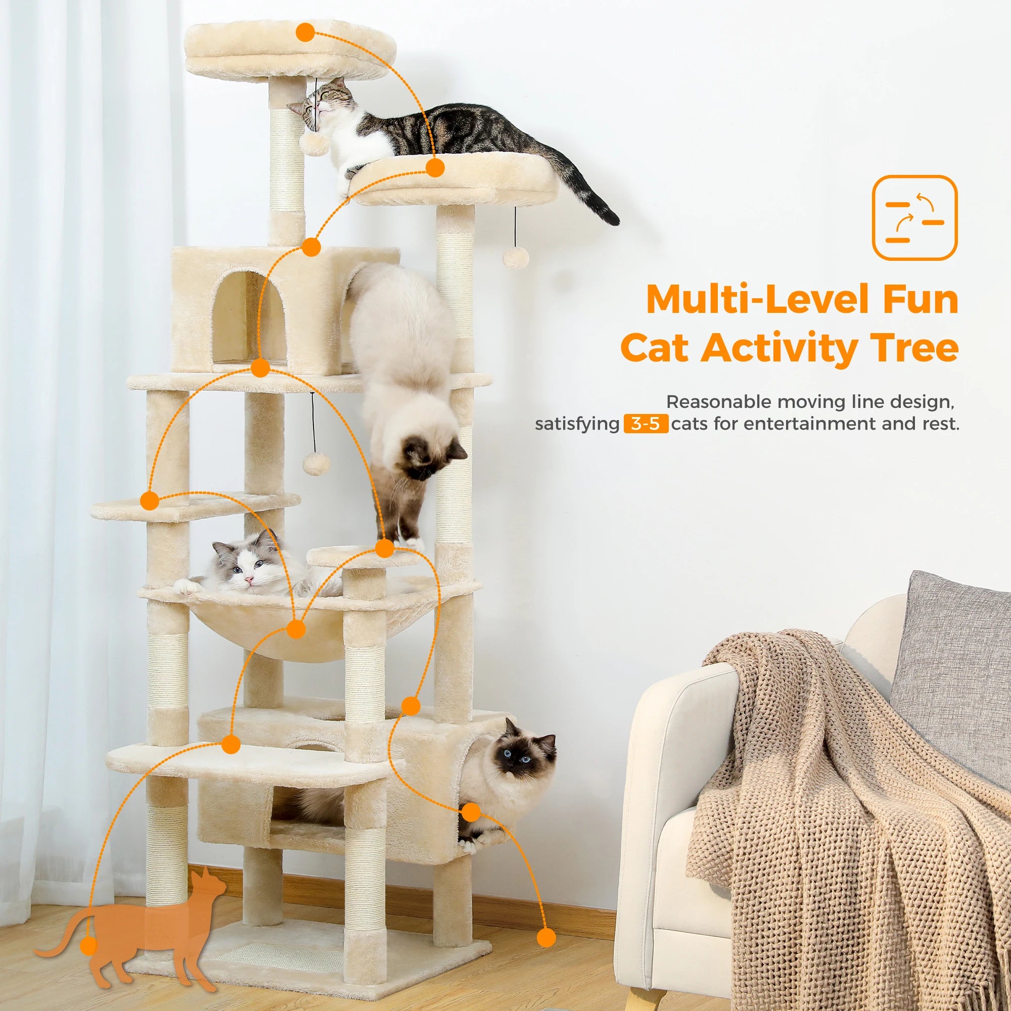 Tall Multi-level Cat Tree Tower With Scratching Posts, Hammock, and Perches