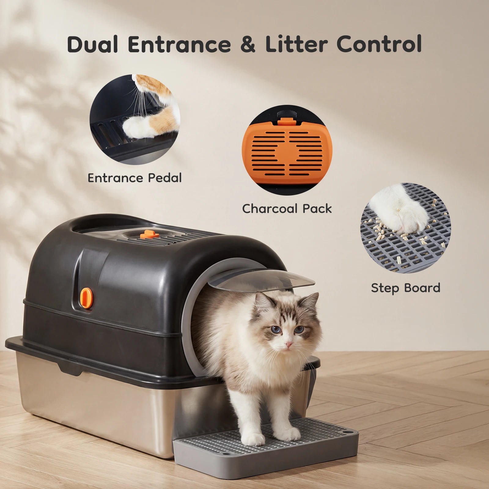 Enclosed Litter Box Scoop with Mat - Cat - (Stainless Steel) - (3-in-1) - (Grey, Black)