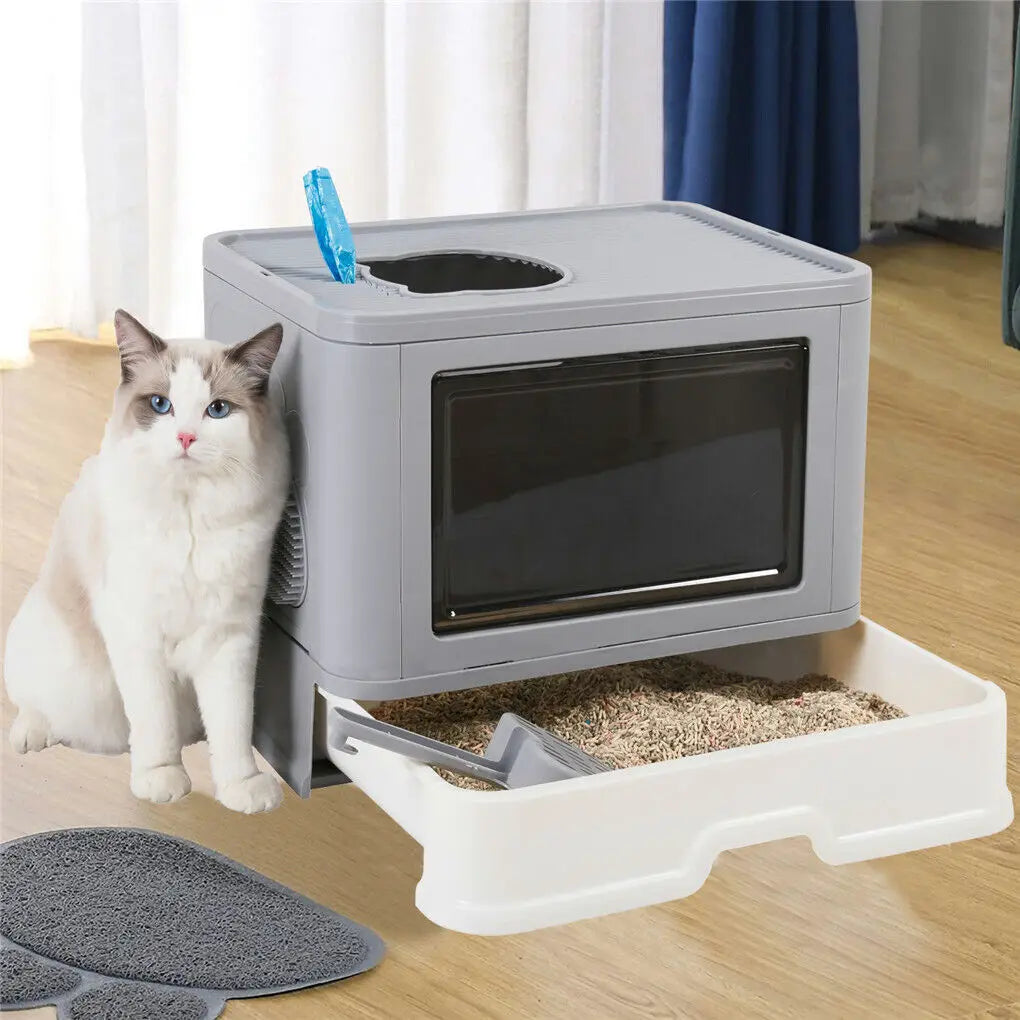 Foldable Litter Box with Front Entry and Top Exit - Includes Scoop - Cat