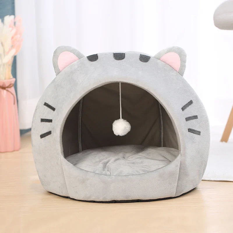 Cute and Cozy Cat Shaped Bed Includes Interactive Toy - Cat  - (S,M, Big) - (Grey) - (While Supplies Last)