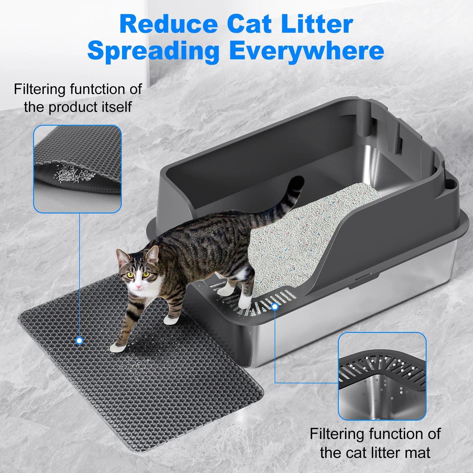 Splash-proof and Leak-proof Semi-Closed Litter Box - Cat - (XL) - (Stainless Steel) - (3 Color Options)