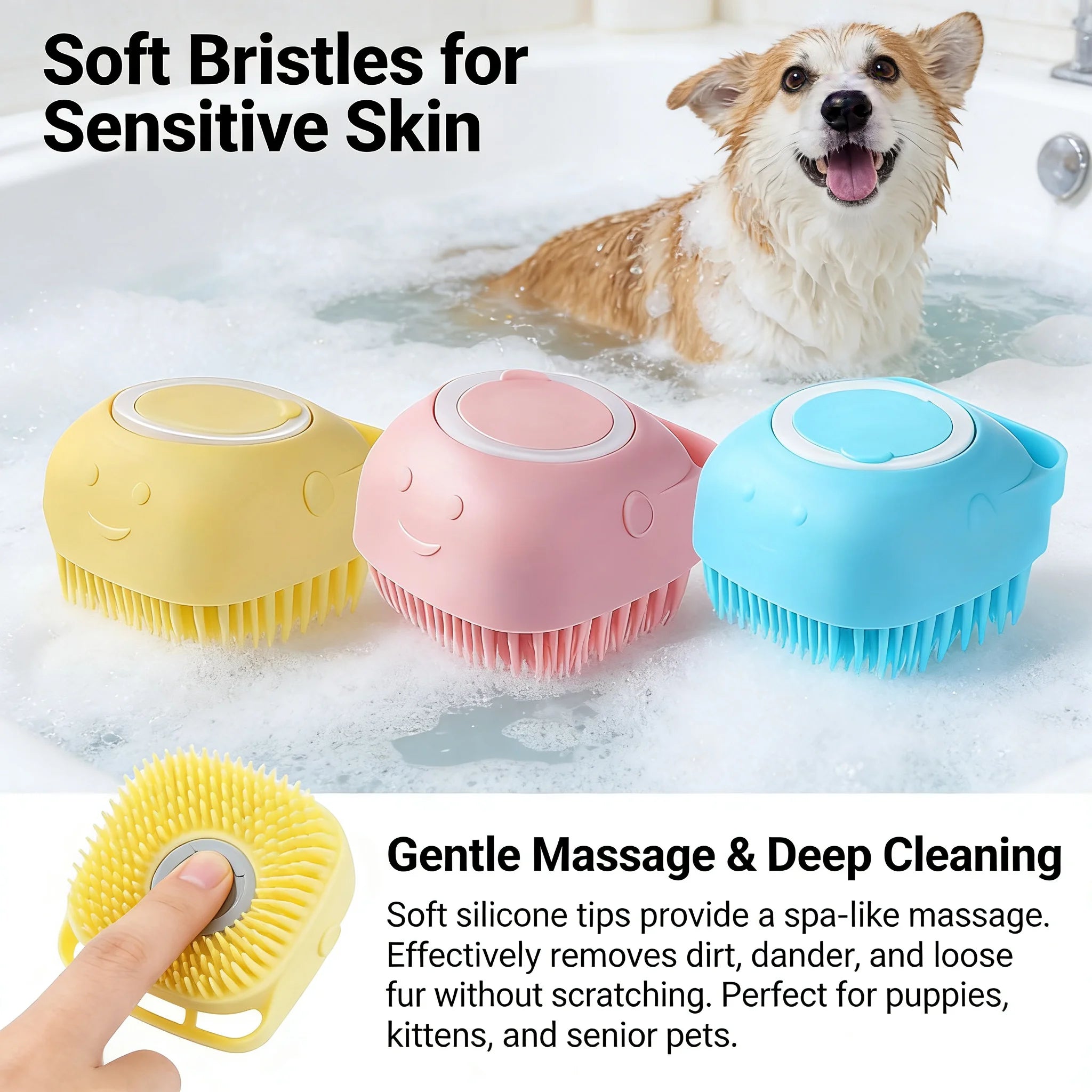 Bath and Massage Brush With Shampoo Storage - Dog Cat - (2-in-1) - (3 Color Options) - (While Supplies Last)