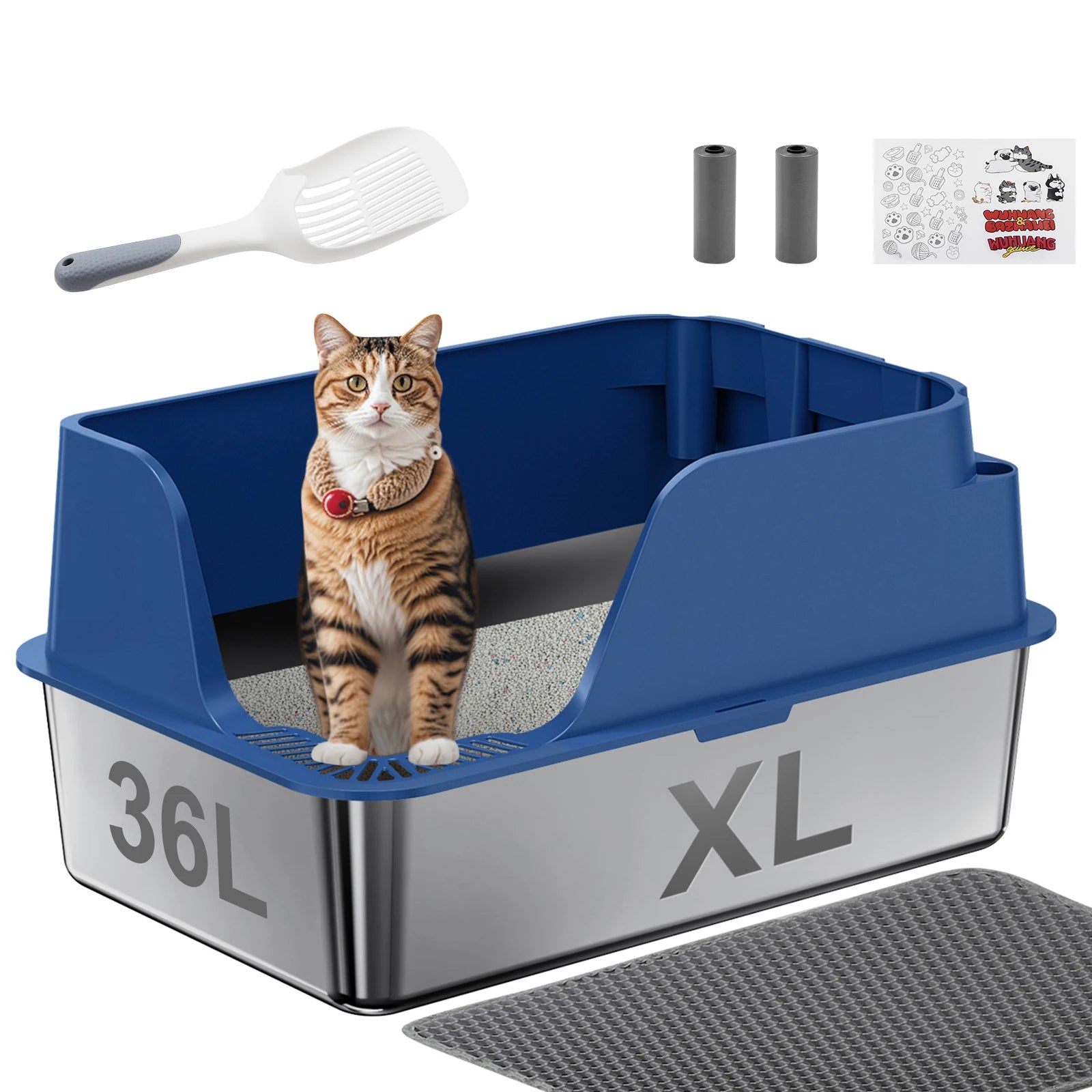Splash-proof and Leak-proof Semi-Closed Litter Box - Cat - (XL) - (Stainless Steel) - (3 Color Options)
