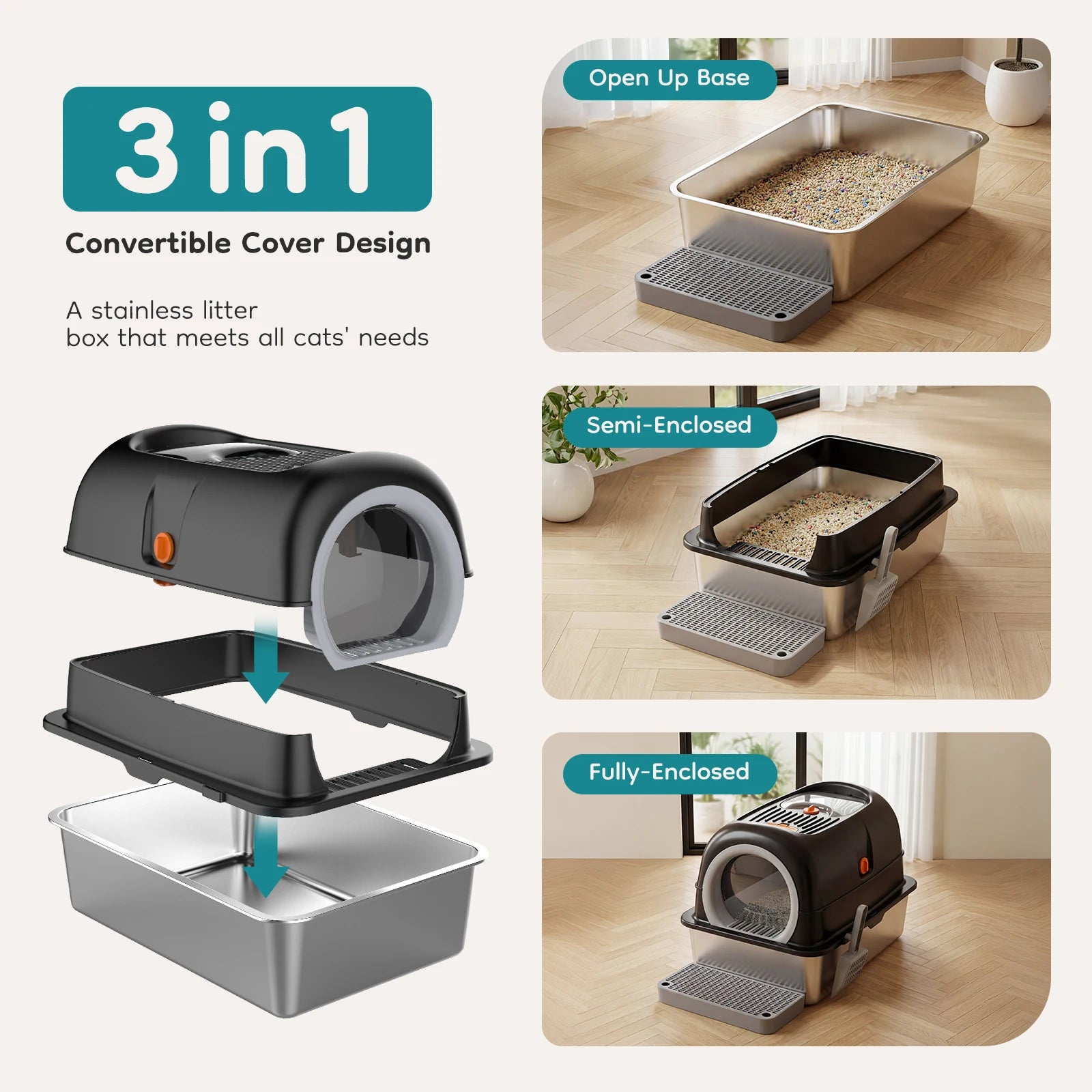 Enclosed Litter Box Scoop with Mat - Cat - (Stainless Steel) - (3-in-1) - (Grey, Black)