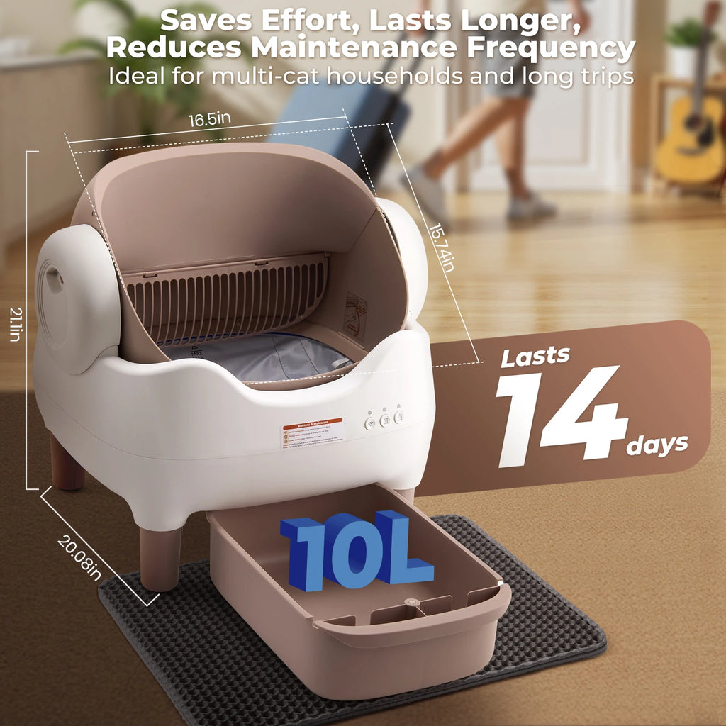 Automatic Self-Cleaning Robot Litter Box with App Control - Cat - (Open Top) - (10 L Bin) - (White & Khaki)
