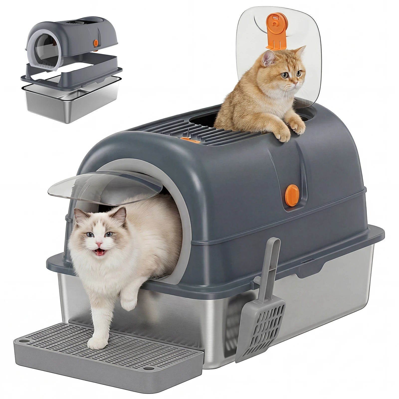 Enclosed Litter Box Scoop with Mat - Cat - (Stainless Steel) - (3-in-1) - (Grey, Black)