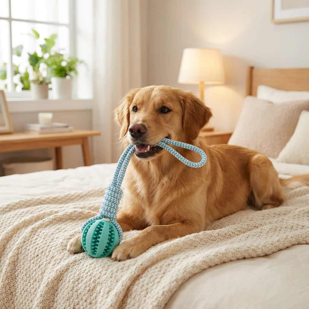 Dog Rope & Rubber Teething Ball, Treat Dispenser