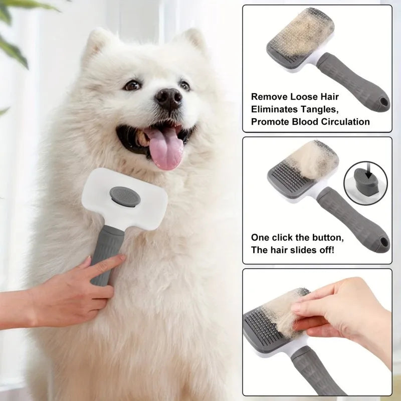 Push Button Grooming Brush - (Hair Remover) - (Massage) - Dog Cat - (Grey) - (Gentle) - (While Supplies Last)