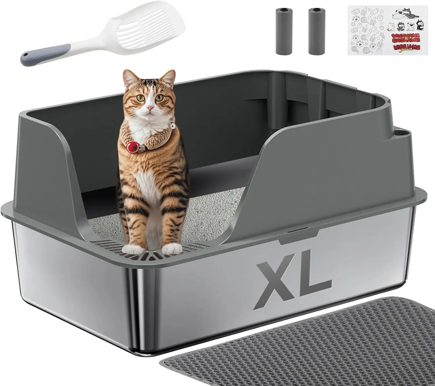 Splash-proof and Leak-proof Semi-Closed Litter Box - Cat - (XL) - (Stainless Steel) - (3 Color Options)