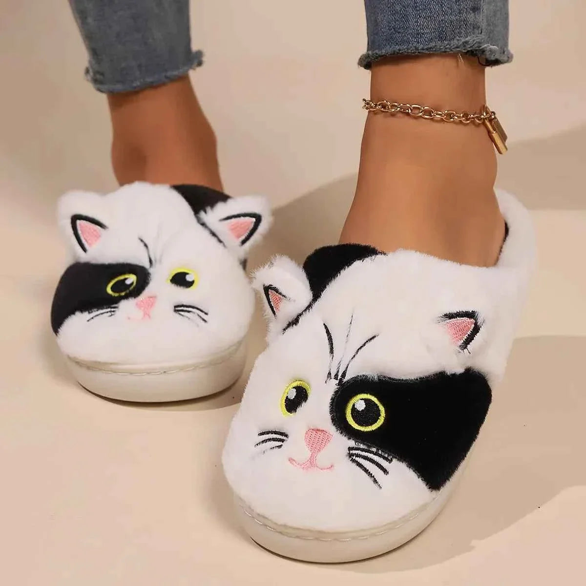 Waterproof Autumn Cat Slippers - (Khaki & White, Black & White) - (5 Shoe Sizes) - Ladies