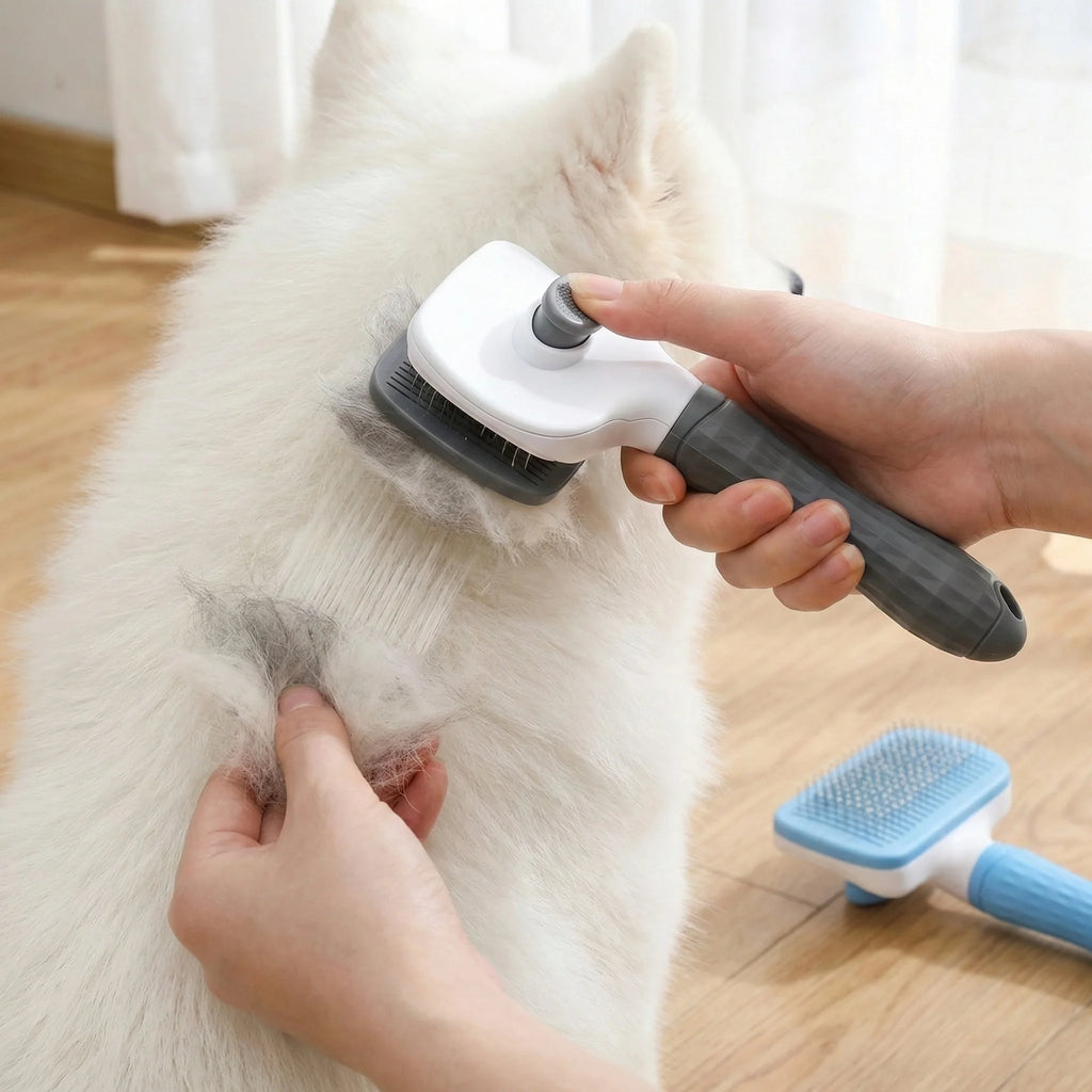 Push Button Grooming Brush - (Hair Remover) - (Massage) - Dog Cat - (Grey) - (Gentle) - (While Supplies Last)