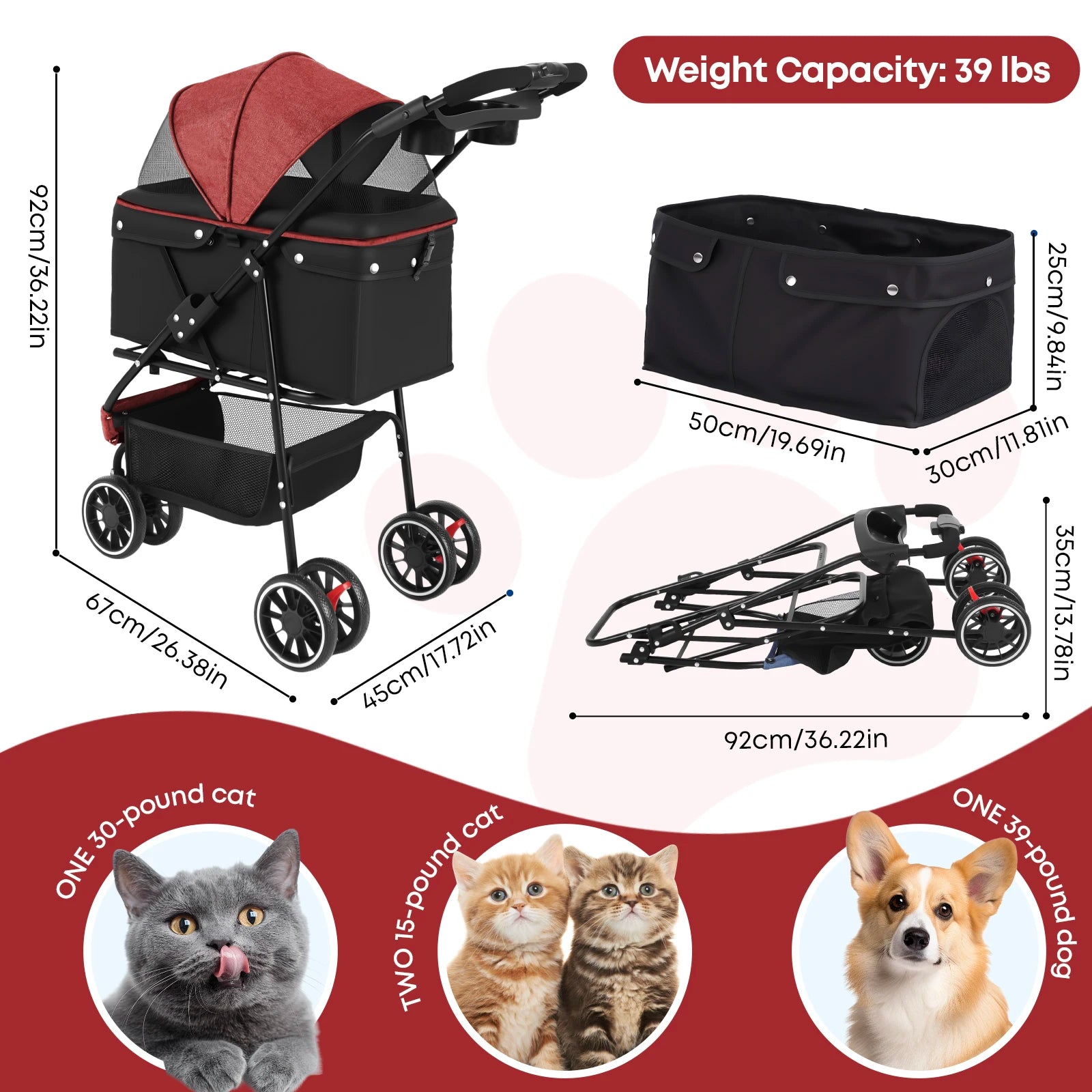 3 Wheels Pet Stroller and Carrier with Mesh Canopy - Dog Cat - (6 Color Options) - (M)