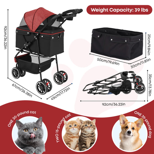 3 Wheels Pet Stroller and Carrier with Mesh Canopy - Dog Cat - (6 Color Options) - (M)