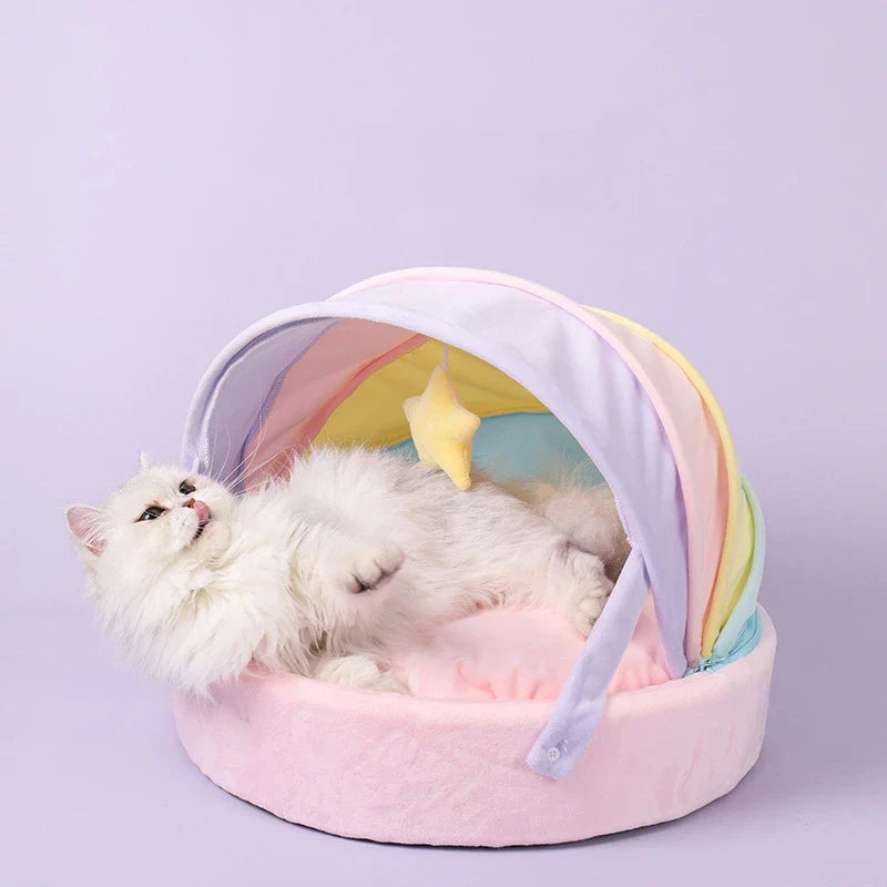 Pastel Cozy Rainbow Canopy Bed with Star-Shaped Toy  - Cat   - (45*45*32 cm) - (While Supplies Last)