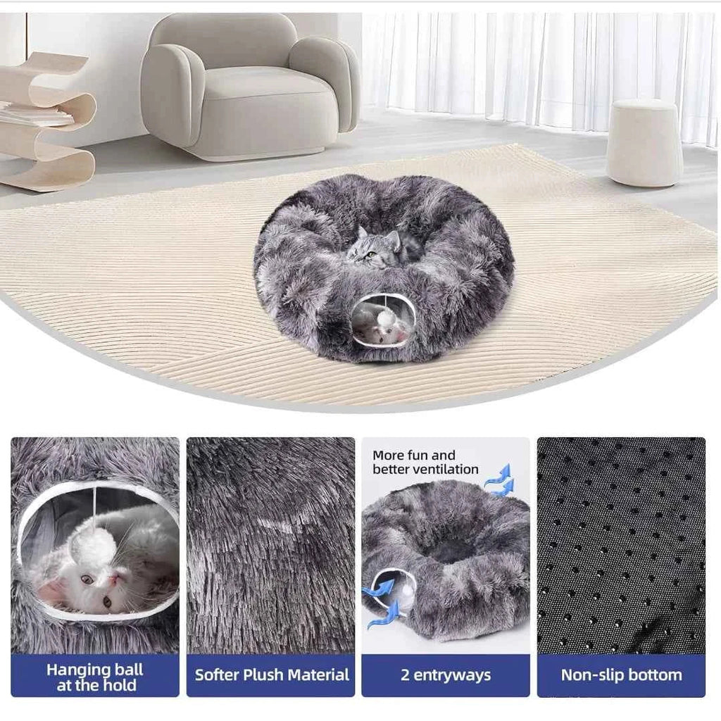 Plush Tunnel Bed – Cat - (2-in-1 Cozy Sleeping and Interactive Toy) - (L) - (4 Color Options) - (While Supplies Last)