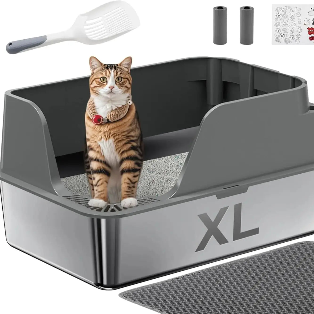 Splash-proof and Leak-proof Semi-Closed Litter Box - Cat - (XL) - (Stainless Steel) - (3 Color Options)