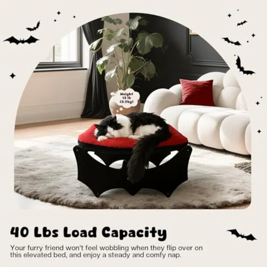 Elevated Wooden Gothic Cat Bed with Bat Design - Cat