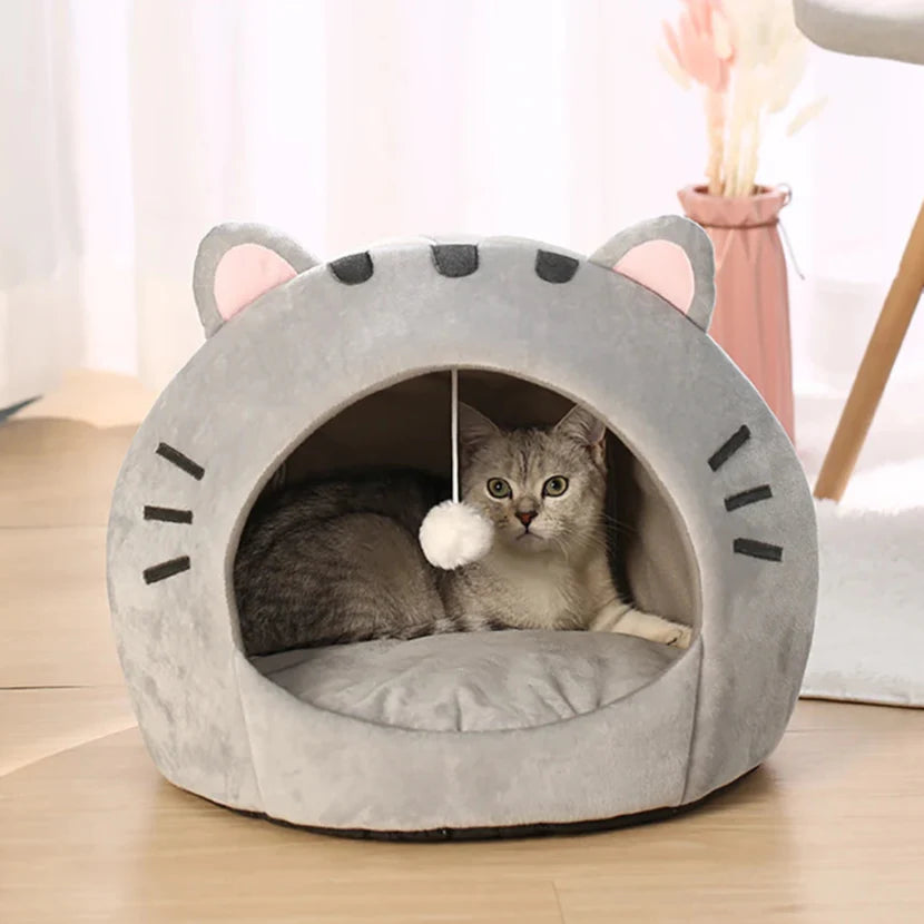 Cute and Cozy Cat Shaped Bed Includes Interactive Toy - Cat  - (S,M, Big) - (Grey) - (While Supplies Last)