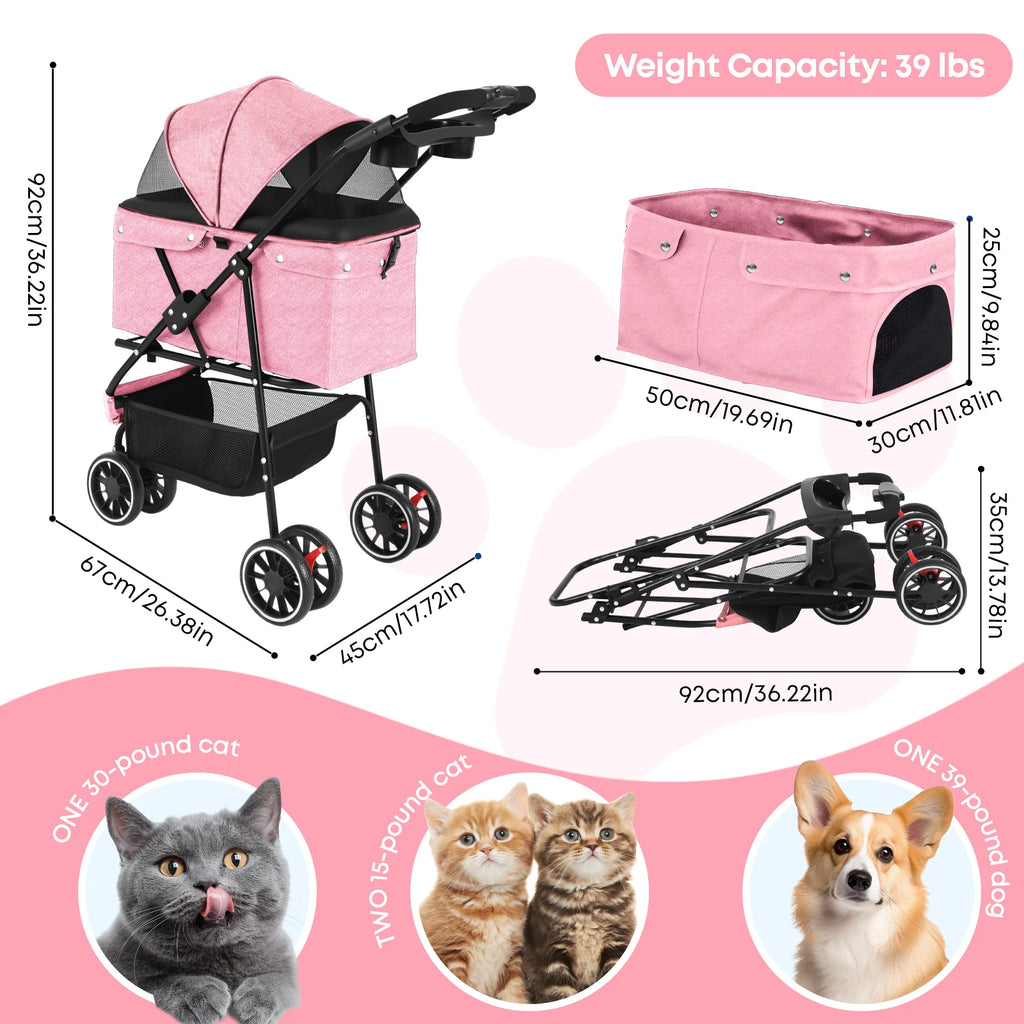 Portable Travel Pet Stroller - Dog Cat - (5 Color Options) - (M) - (Lightweight) - (Mesh Window Ventilation)