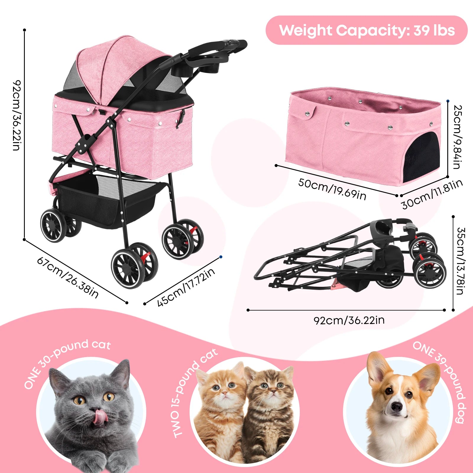 Portable Travel Pet Stroller - Dog Cat - (5 Color Options) - (M) - (Lightweight) - (Mesh Window Ventilation)