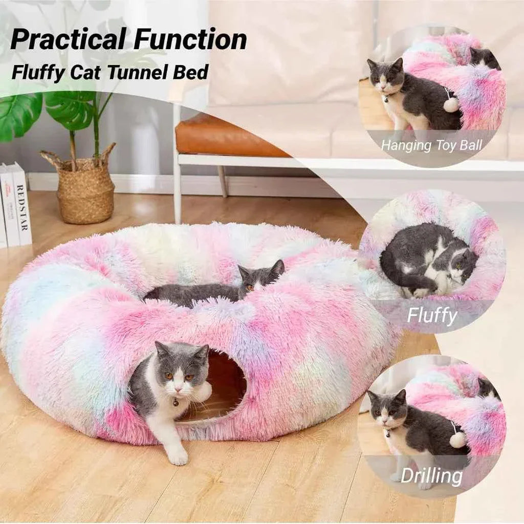 Plush Tunnel Bed – Cat - (2-in-1 Cozy Sleeping and Interactive Toy) - (L) - (4 Color Options) - (While Supplies Last)