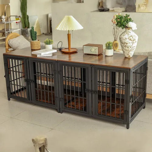 Spacious Furniture Crate Enclosure with Removable Divider - 2 Dogs  - (Black) - (Metal + Wood) - (While Supplies Last)