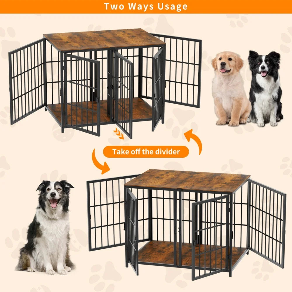 Spacious Furniture Crate Enclosure with Removable Divider - 2 Dogs  - (Black) - (Metal + Wood) - (While Supplies Last)