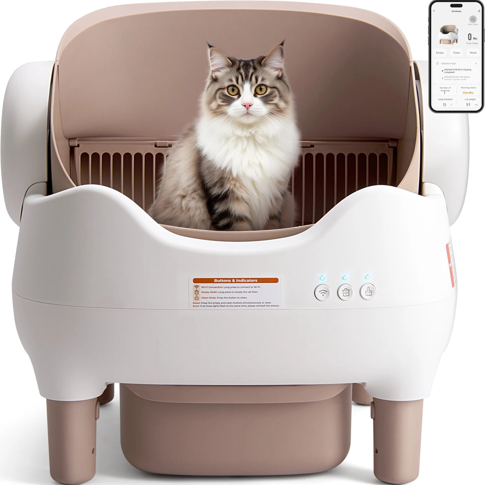Automatic Self-Cleaning Robot Litter Box with App Control - Cat - (Open Top) - (10 L Bin) - (White & Khaki)