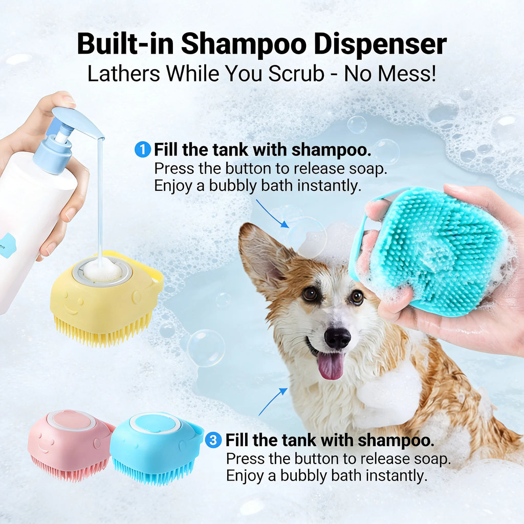 Bath and Massage Brush With Shampoo Storage - Dog Cat - (2-in-1) - (3 Color Options) - (While Supplies Last)