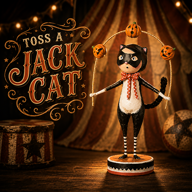Lori Mitchell Halloween Poly Resin Cat Figurine - Toss a Jack Cat -  (7" T) - Folk Art Collectible (While Supplies Last)