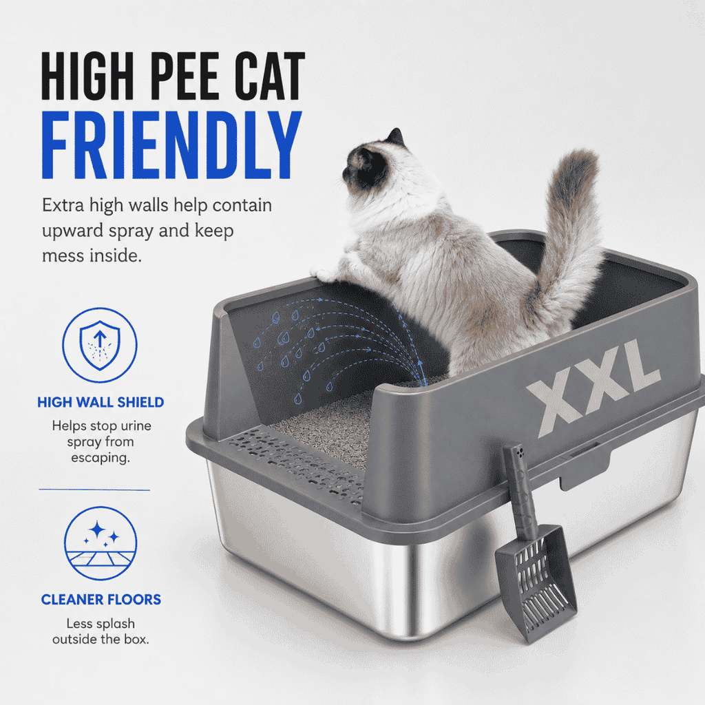 High Sided Rust-Free Litter Box - Multi-Cats - (Stainless Steel) - (XXL) - (3 Color Options)